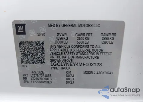 2021 Chevrolet Silverado 2500Hd 4Wd Standard Bed Lt z USA, uszkodzony, nr VIN 1GC1YNEY4MF102123